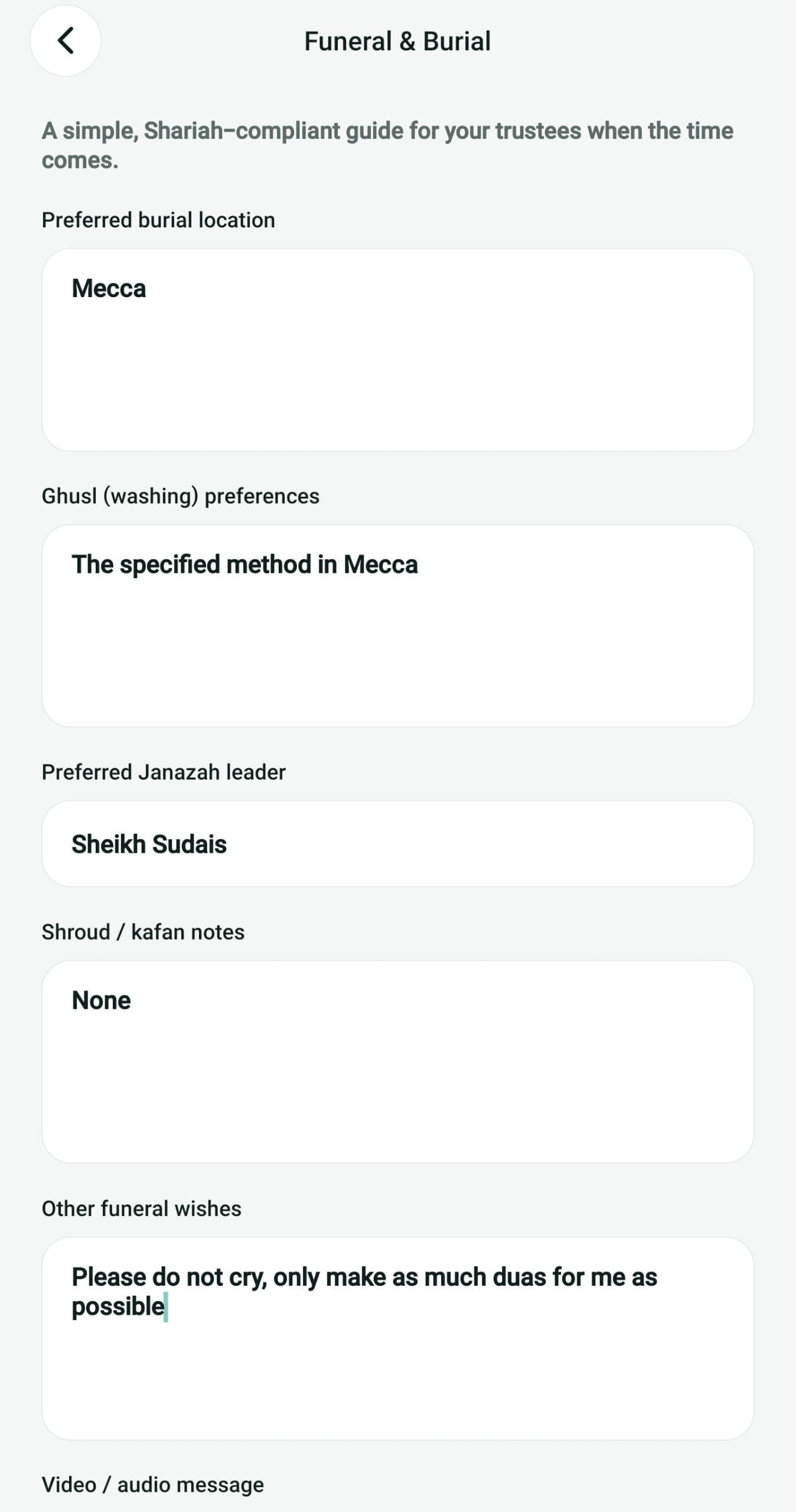 The funeral and burial screen, with fields for burial location, ghusl preferences, the janazah leader and other wishes