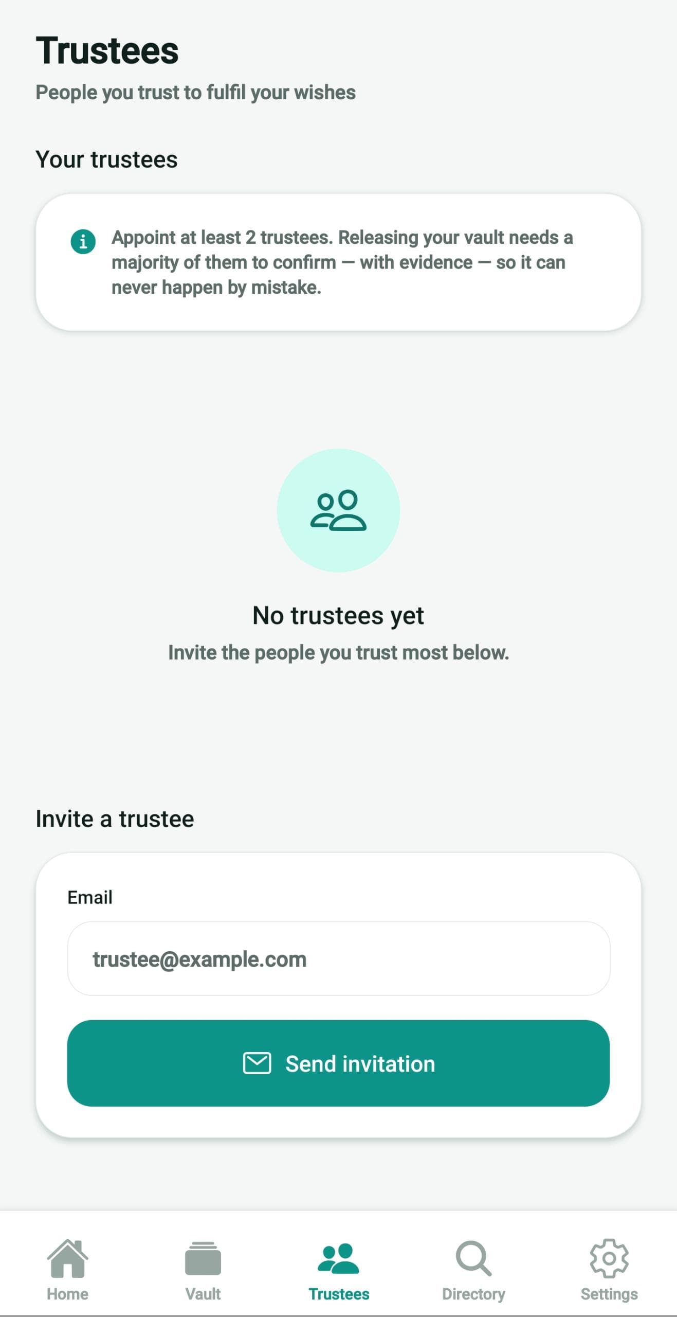 The trustees screen, with a note to appoint at least two people and a form to invite one by email